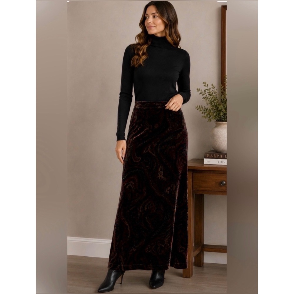 Lauren Ralph Lauren Velvet Paisley Midi Skirt Red Gold Silk Blend Size 12